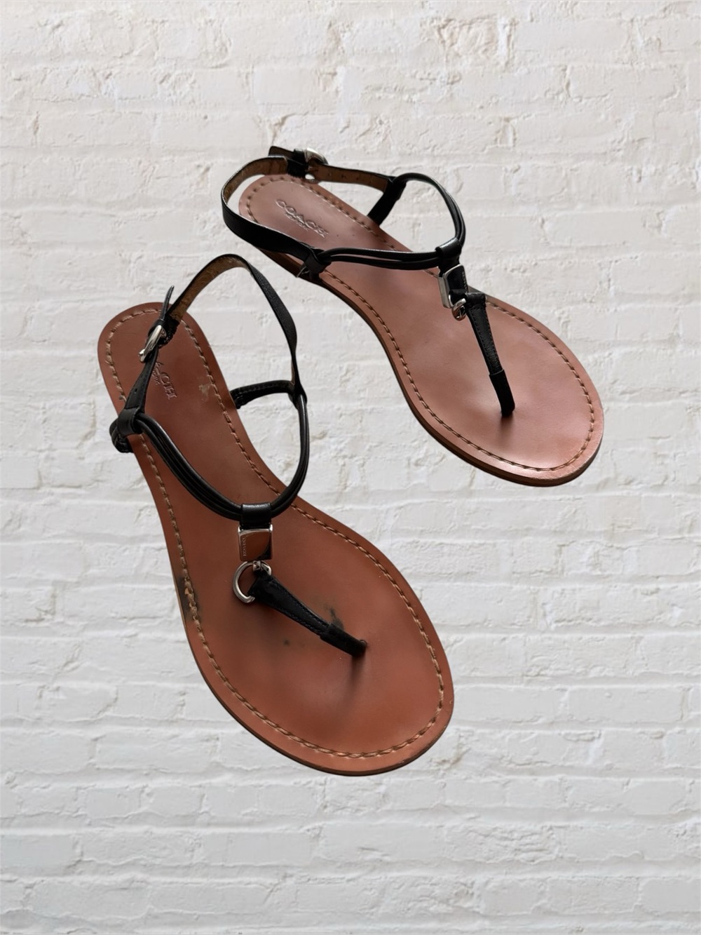 Coach Charlene black leather t-strap strappy flat sandals